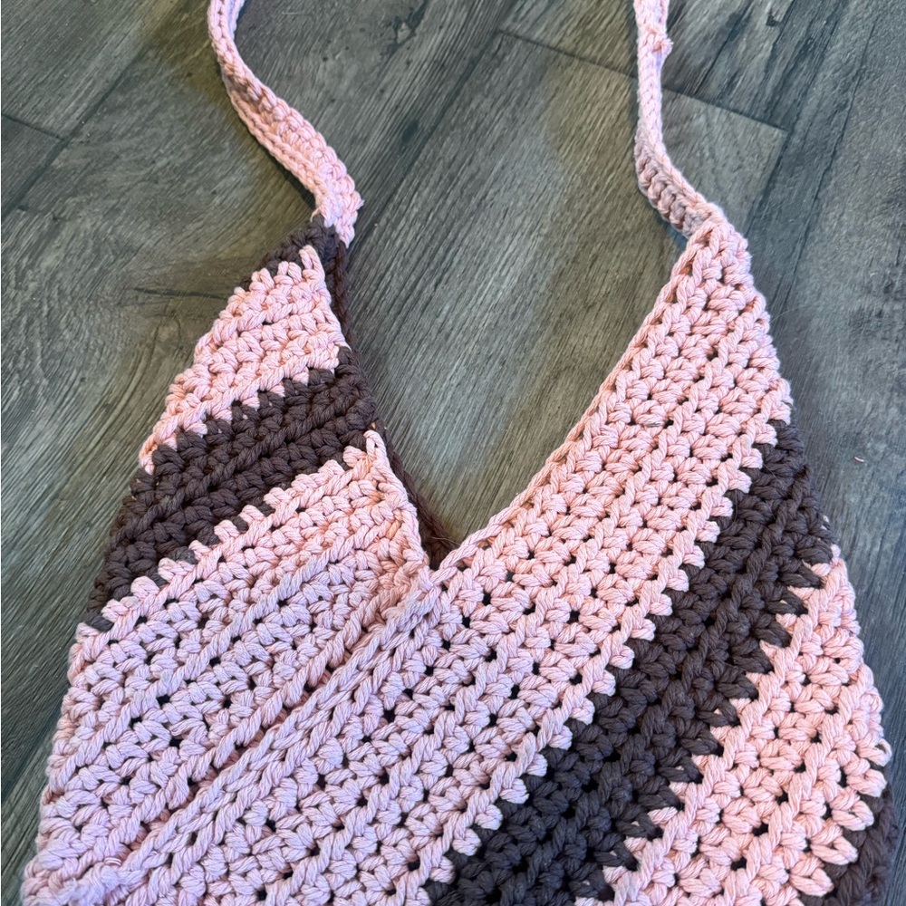 Handcrafted Pink and Brown Crochet Crossbody Bag